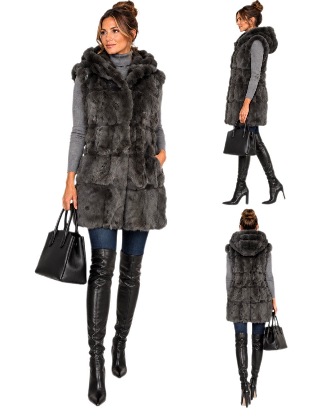 BCBGMAXAZRIA Raina Hooded Rex Rabbit Fur Long Vest Gray Size L